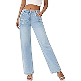 HVEPUO Mid/Low Waisted Ripped Jeans for Women Straight Leg Stretchy Jean Pants Baggy Distressed Fall Casual Denim Trousers