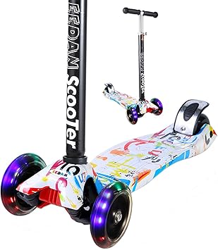Amazon Eedan 子供向け スクーター 3輪 T バー 調節可能な高さ ハンドル キック スクーター デラックス付き Pu 点滅 ホイール ワイドデッキ 2 14歳以上の男の子 女の子用 グラフィティ デラックスエディション Eedan キックボード本体