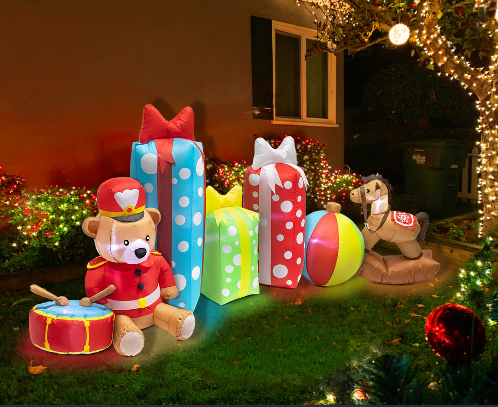 Photo 1 of FLATO 10.5FT Inflatable Christmas Decoration with Teddy Bear, Rocking Horse, Rainbow Ball & Gift Boxes, LED-Lit Blow Up Holiday Yard Decor, Festive Outdoor Xmas Lawn and Party Display