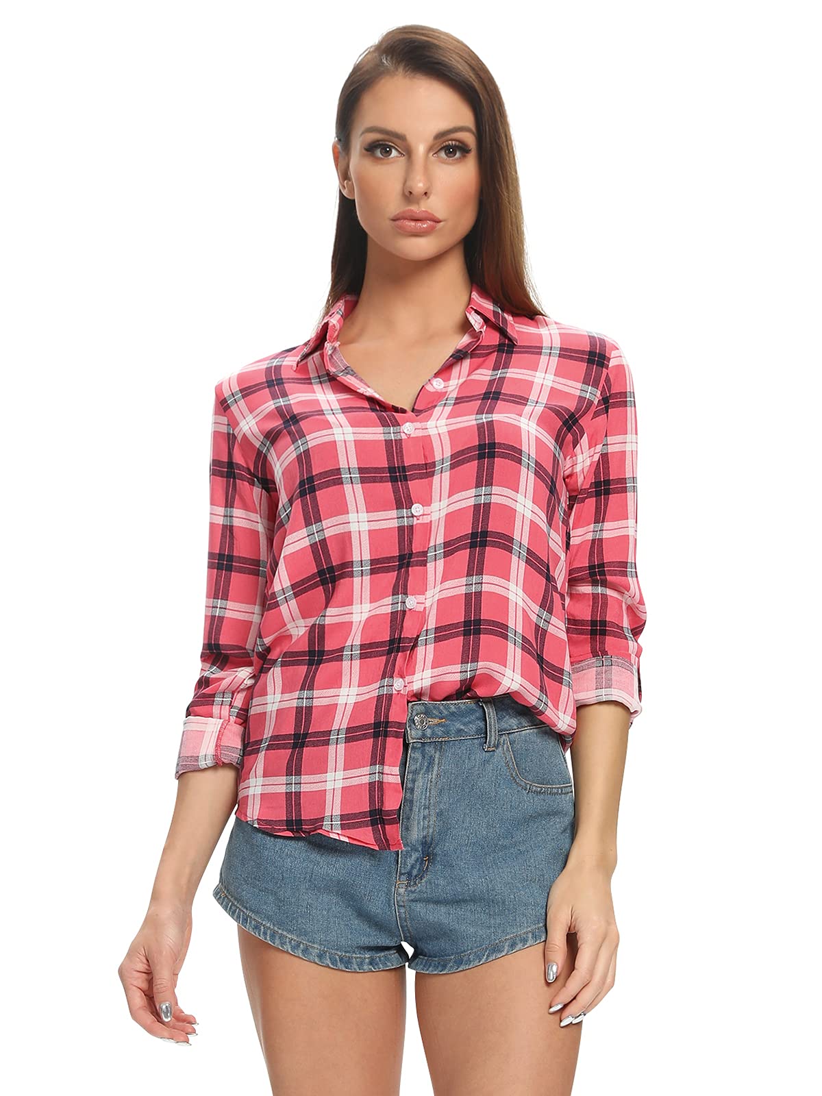 Photo 1 of Aeslech Lightweight Plaid Shirts for Women Button Down Roll Up Sleeve Casual Tops Blouse C Pink XS