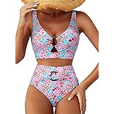 Herseas Women's High Waisted Bikini Sets - Floral Print 2 Piece Swimsuits Tummy Control Modest O Ring Bathing Suit