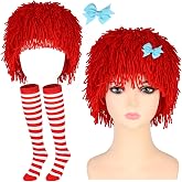 Kavoc 3 Pcs Raggedy Doll Costume for Women with Red Yarn Wig Hair Bow Striped Socks for Halloween Classic Vintage Toy Outfit
