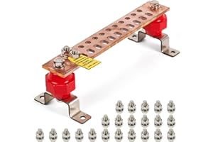 GOUNENGNAIL 12" Heavy-Duty Copper Ground Bar Kit,Grounding Bus Bar,with 24 x 0.41’’ Holes & Slots and 2” x 2’’ Standoff Insulators Made from UL Recognized Material,2500V