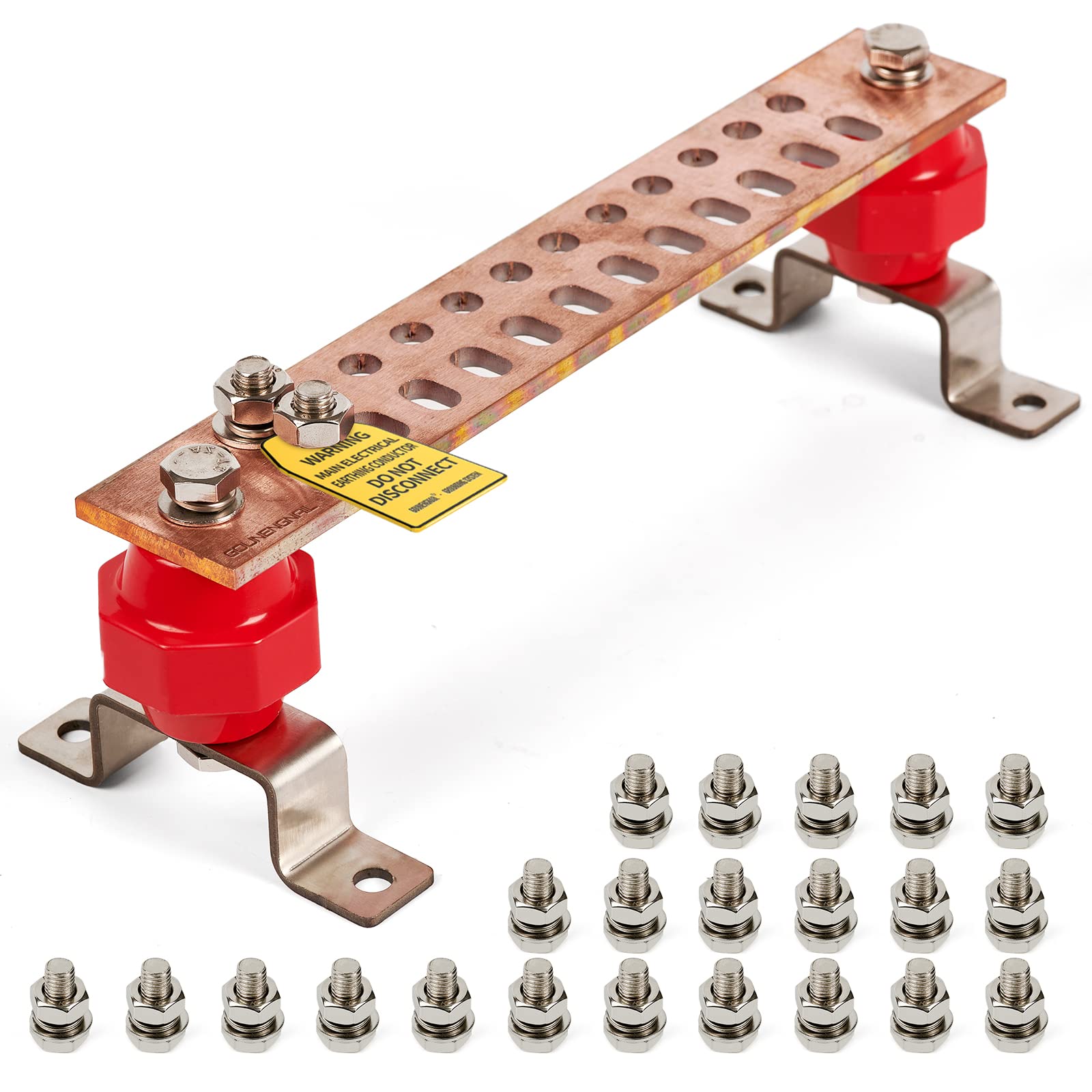 Photo 1 of 12" Heavy-Duty Copper Ground Bar Kit,Grounding Bus Bar,with 24 x 0.41’’ Holes & Slots and 2” x 2’’ Standoff Insulators Made from UL Recognized Material,2500V