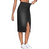 THE GYM PEOPLE Women's High Waisted Stretchy Jean Skirts Front Slit Midi Denim Skirt with Pockets