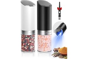 FORLIM-LINK FORLIM Gravity Electric Salt and Pepper Grinder Set with Dust Cover LED Upgraded Batteries Powered Automatic Pepper Grinder Adjustable Coarseness, L Capacity for Kitchen Travel, White & Black