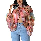 Sexy Tops for Women Party Club Night Batwing Sleeve Chiffon Sheer Self Tie Back Front Open Women Shirts Casual Summer