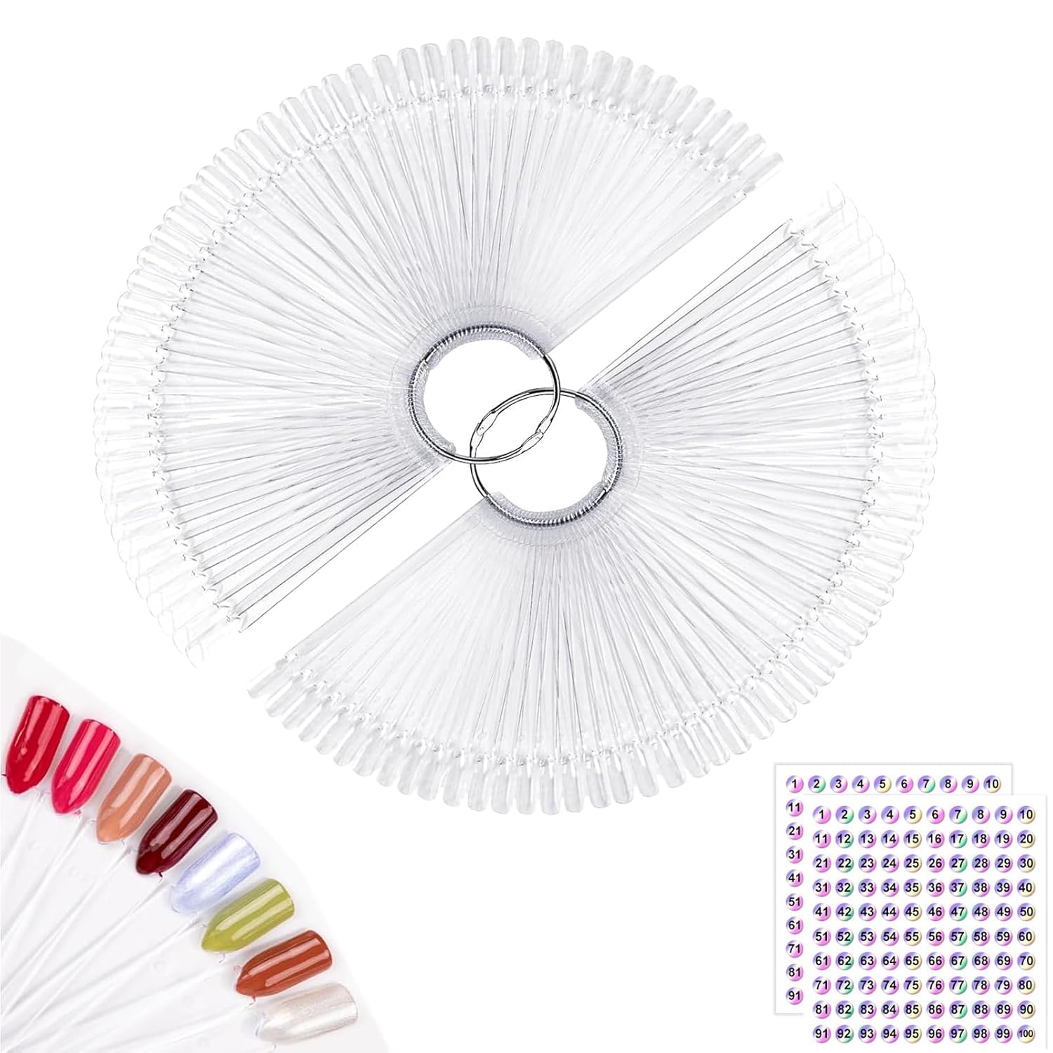 100pcs Nail Swatches with Number Sticks, Nail Swatch Sticks with Organizer Ring, Clear Nail Polish Colour Display Practice Salon Display Tips
