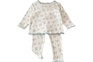 Boys Girls Ribbed Knit Pajamas Sets 2pc Soft Stretchy Floral Print Pj Outfits Long Sleeve Shirt Pants Sleepwear