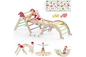 KIDSBUDDY 12 in 1 Pikler Triangle Set with Cushion Christmas Montessori Toddler Climbing Toys Indoor Playground Foldable Baby Climbing Gym Jungle Gyms with Maze, Shape Sorter, Car Toys
