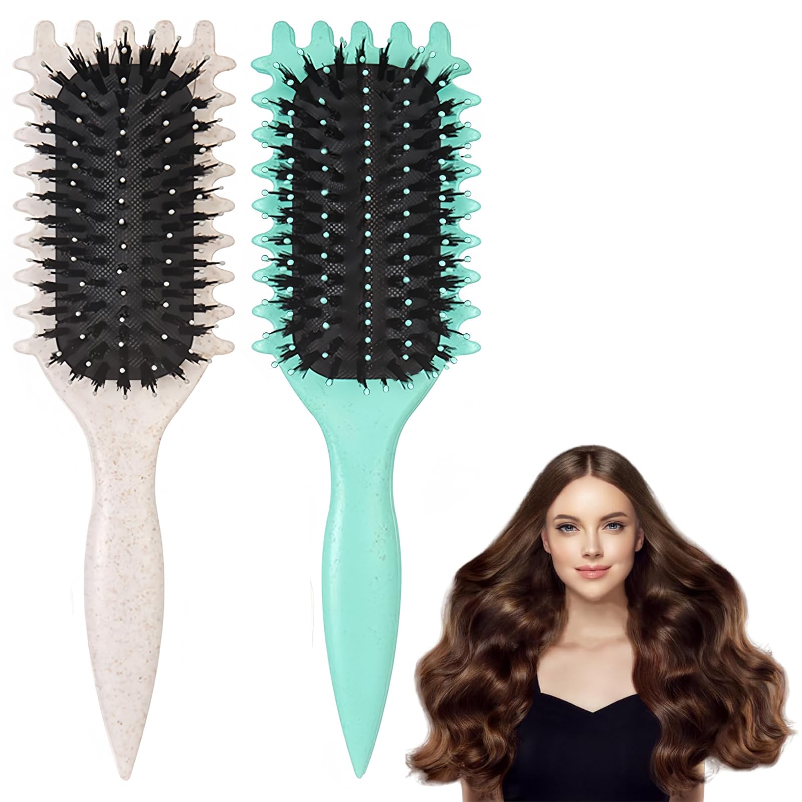 2Pcs Bouncy Curl Brush - Detangling & Styling Brush with Boar Bristle for Men & Women (Green & White)