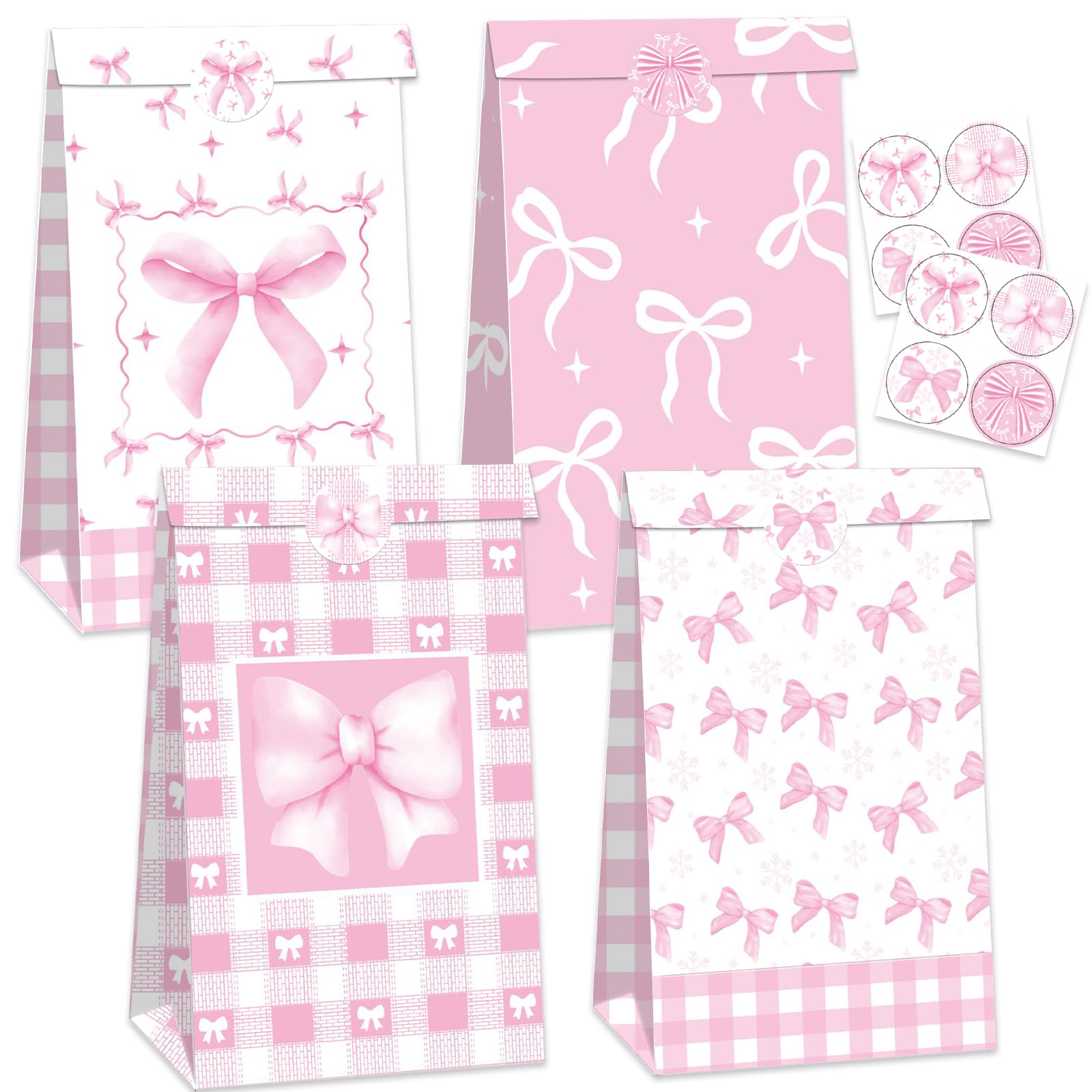 Photo 1 of 12 Pcs 4 Styles Pink Ribbon Bow Gift Bags, Plaid Kraft Paper Bag with 20 Stickers, Coquette-Style Birthday Party Favor Bags, Cute Pink Goodie Candy Treats Bags Bulk for Baby Shower, Wedding, Gifts