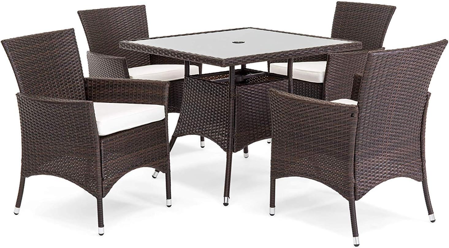 OAKVILLE FURNITURE 61205 5-Piece Patio Set Square Glass Top Dining Table with Standard Umbrella Hole 4 Outdoor Chairs, Brown Wicker, Beige Cushion