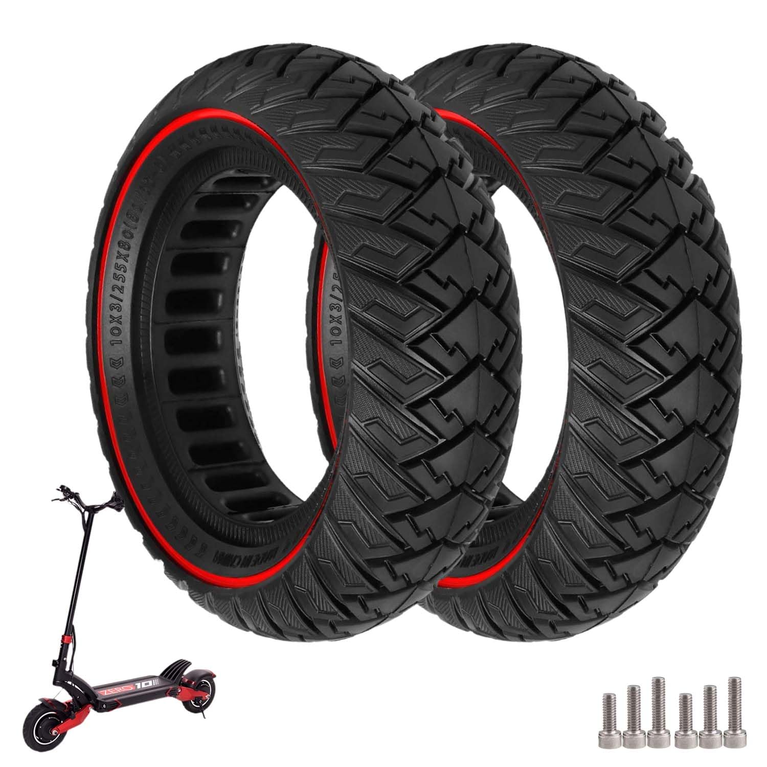 Zero 10X / Kaabo Wolf Warrior X/MANTIS 10 Electric Scooter Tyres, Solid Rubber, 10 x 3/255 x 80 (80/65-6), Front/Rear (2 Pieces)