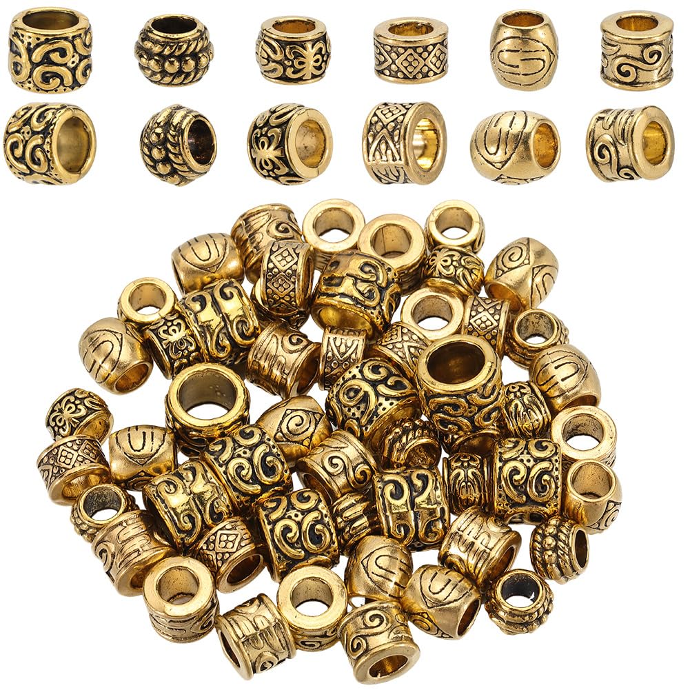 SOFPLATE 1 Box 60pcs Large Hole Alloy Beads Tibetan Spacer Beads European Rondelle Barrel Tube Spacers Loose Antique Gold Hollow Bead with Large Holes For jewellery Making Bracelet Women Accessories