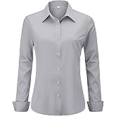 hearain Soft Wrinkle-Free Women's Button Down Dress Shirts Solid Long Sleeve Work Blouses Fit Stretch Casual Tops XXS-6XL