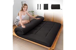 MAXYOYO Japanese Futon Mattress - Full Size Floor Mat, Roll Up Foldable Sleeping Mat, Plaid Checkered Shikibuton, Black