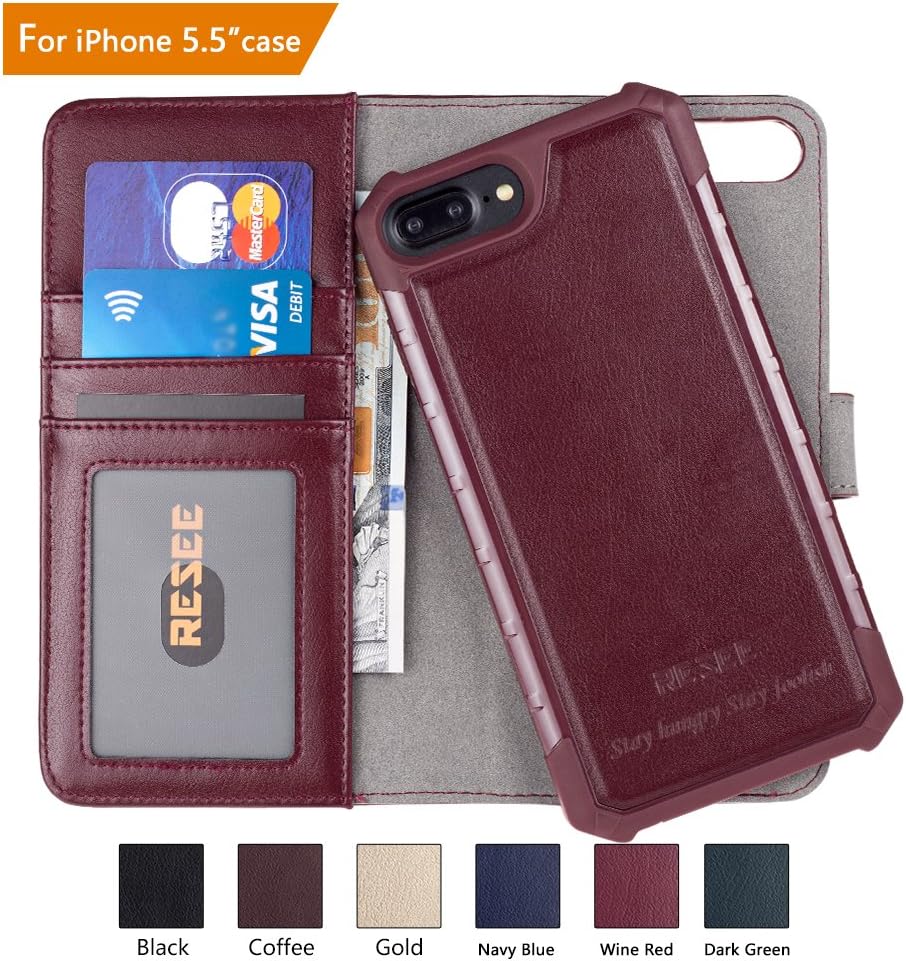RESEE iPhone 7/8 Plus Wallet Case, iPhone 6s/6 Plus Case, [Detachable 2 in 1 Cover] PU leather Magnetic Flip Cover With Card Holder RFID Blocking Shock Absorption For Apple iPhone 5.5 Inch - Wine Red