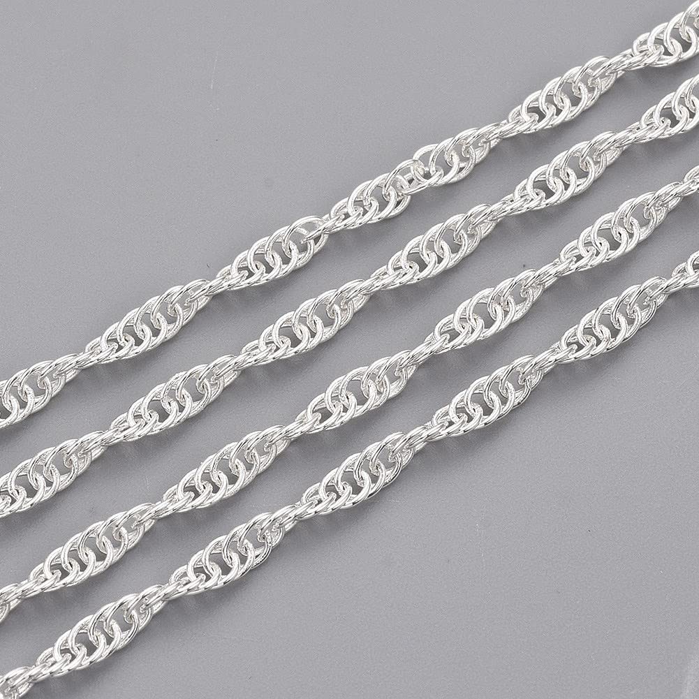 Perlin Silver Link Chain 3 m 2 mm Jewellery Chain Metal Round Chain Link Chain Sold by the Metre for Necklace Bracelet Jewellery Making DIY Crafts