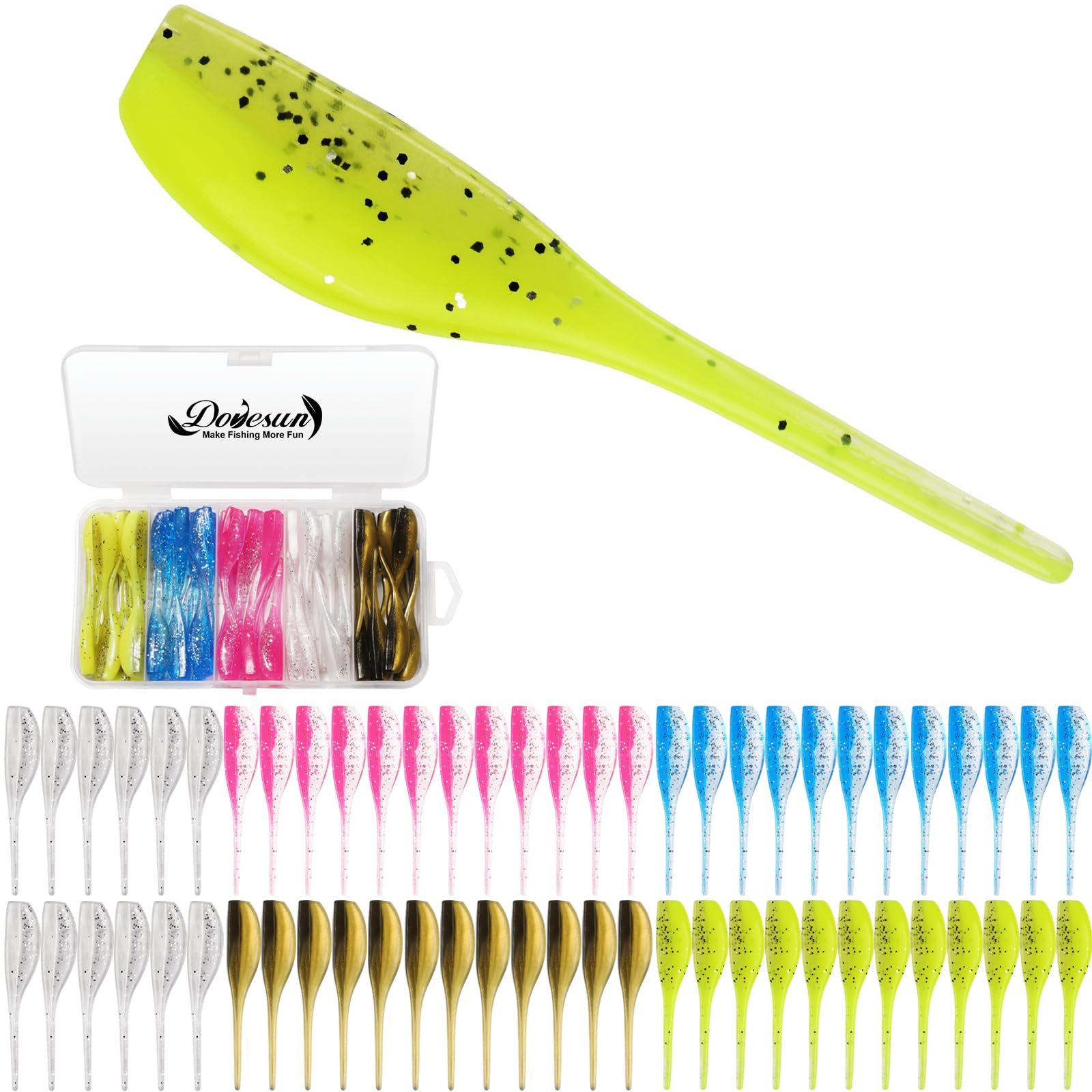 Dovesun Crappie Lures Kit, Fishing Soft Plastic lures Crappie Walleye Trout Bass Fishing Baits Shad Minnow Bait 60Pcs with Tackle Box