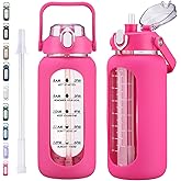 kytffu 64oz Glass Water Bottles with Straw, Half Gallon Motivational Glass Bottle with Silicone Sleeve and Time Marker, 2L Leakproof Large Glass Water Jug for Gym Home Office, Rose Red