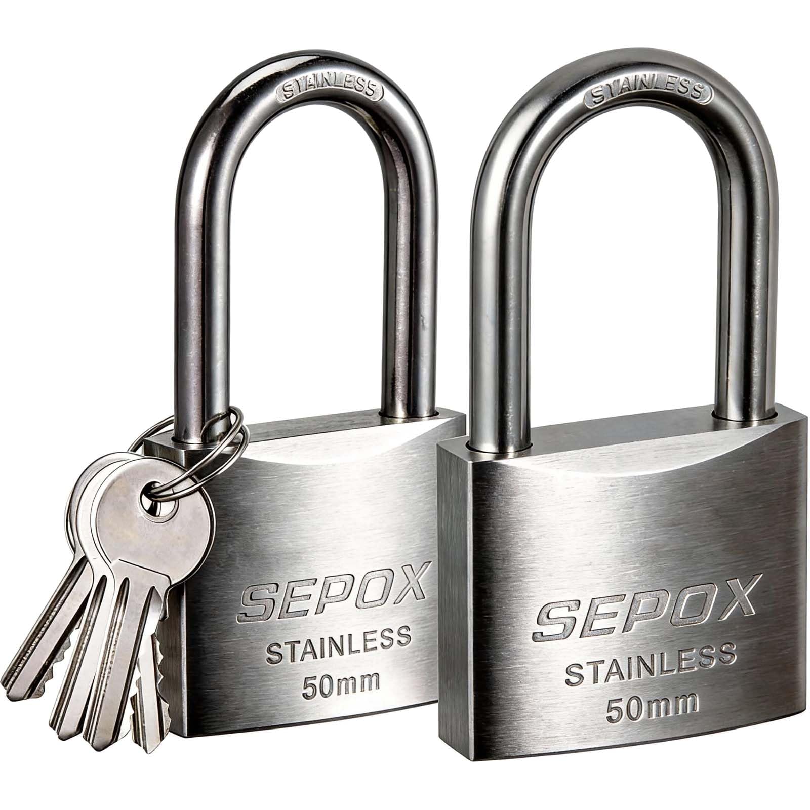 SEPOX Outdoor Padlock with Key Stainless Steel Lock Body and Shackle Waterproof Keyed Pad Lock Heavy Duty Padlock and Key Weatherproof for Gate Chain Shed Boat Marine (50mm Long Shackle*2 SS304)