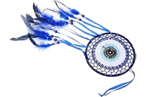 VANZACK Handmade Blue Evil Eye Dream Catcher Wall Hanging with Beads and Feather, Protective Home Décor