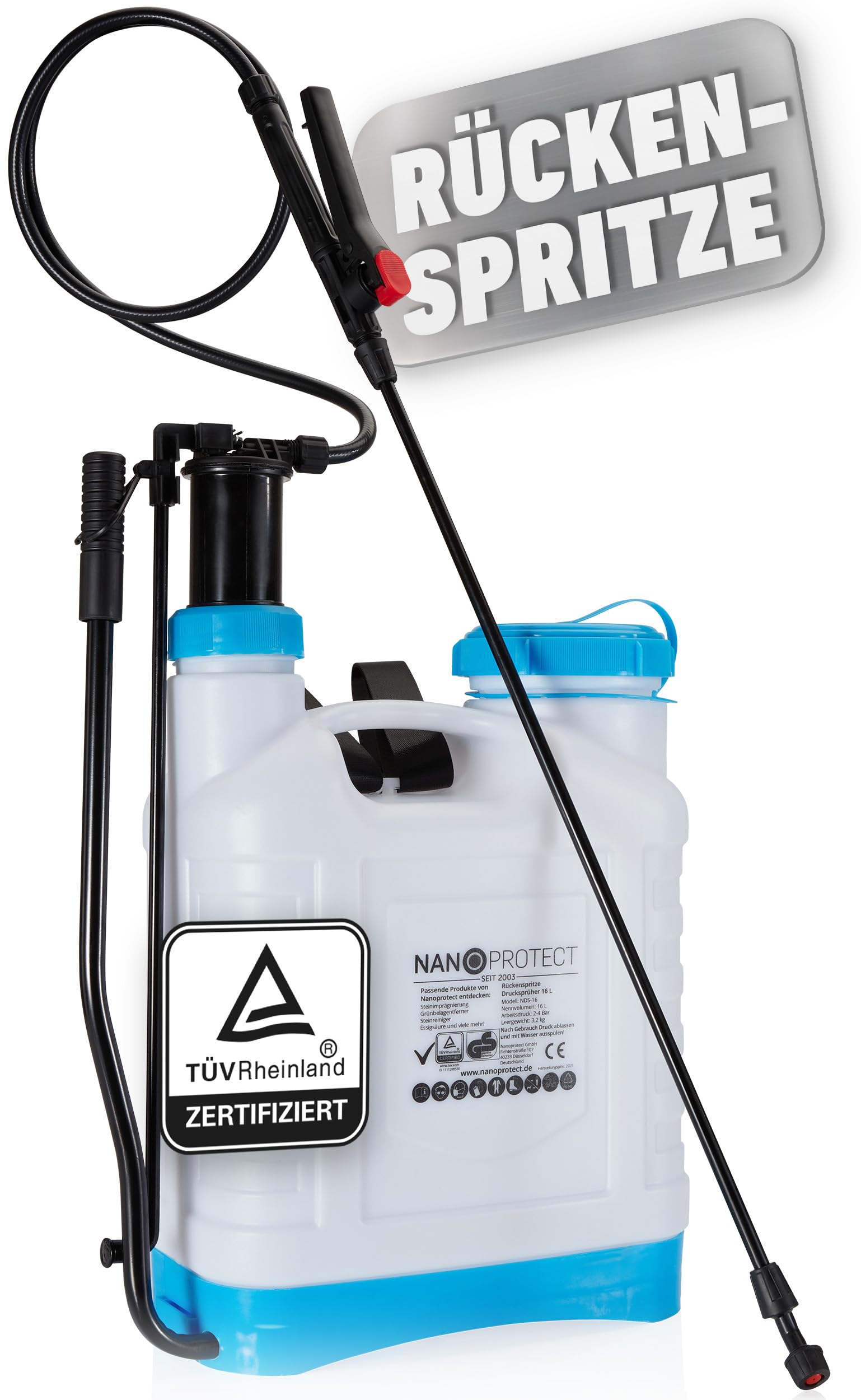Nanoprotect Rückenspritze | 16 Liter | Leistungsstarke Gartenspritze mit 3 verstellbaren Düsen | Säurebeständig | TÜV-geprüft | Gartensprüher mit Schultergurten und extralangem Schlauch | Sprühgerät