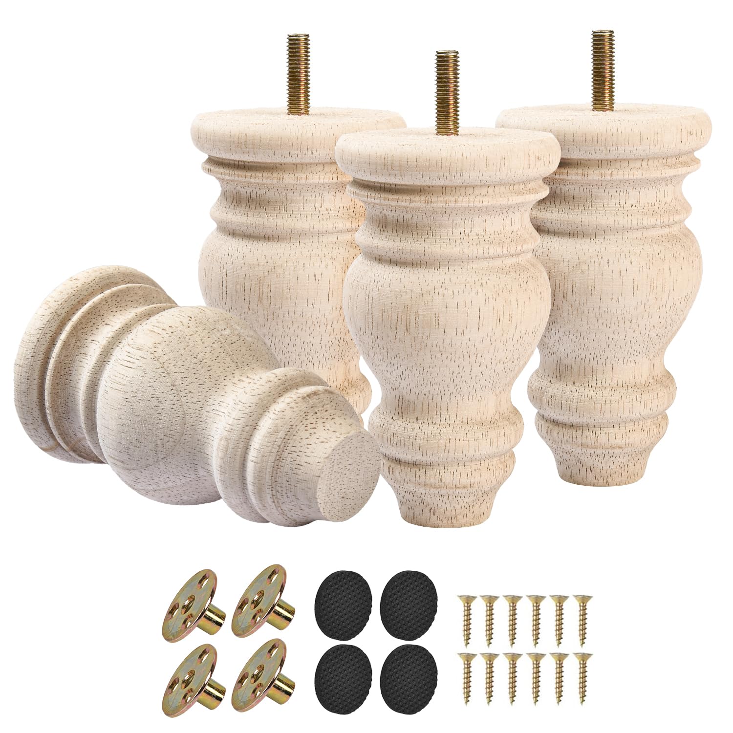 TCHOSUZ 5 Inch Wooden Furniture Legs, Pack of 4 - Unfinished Solid Wood Bun Feet with M8 Hanger Bolts & T-Nuts for Sofa Cabinet Ottoman Dresser Couch Table - DIY Replacement & Riser Legs Set