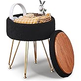 Wimarsbon Storage Ottoman,Teddy Velvet Vanity Stool,Soft Padded Seat,Round Footrest with Removable Cover and Adjustable Legs,Modern Decorative Accent Footstool or End Table for Hallway (Black)