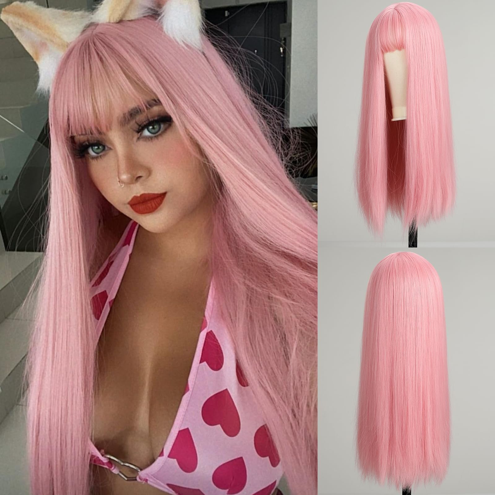 EMMOR Pink Wig With Fringe For Women Long Straight Wigs Synthetic For Girls Party Cosplay And Daily Use(26" Ombre Pink) โ image 1