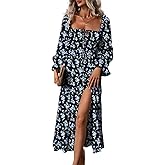 BLENCOT Womens Casual Square Neck Long Sleeve Boho Floral Midi Dress Print Side Split Dresses