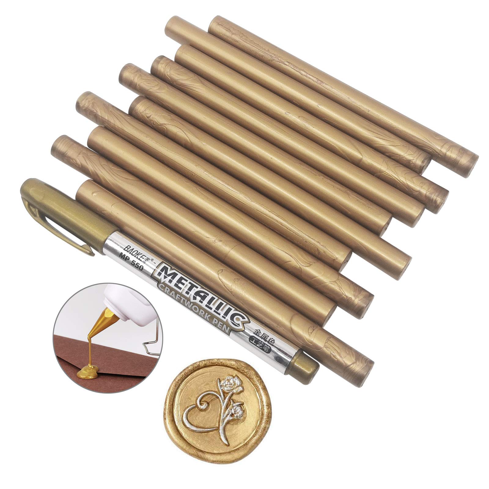 VARACL 10PCS Sealing Wax Sticks for Letter Vintage Seal Stamp, Seal Wax for Wedding Invitations Envelopes Greeting Gift Cards, with A Metallic Gold Pen (Antique Gold)