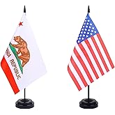 JBSJBS USA California Desk Flag 12" Solid Pole Deluxe Set US Calif. CA Flags Banner Mini Small American State Office Table Flags with Black Stand Base Desktop Decorations(2Pack)