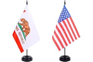 JBSJBS USA California Desk Flag 12" Solid Pole Deluxe Set US Calif. CA Flags Banner Mini Small American State Office Table Flags with Black Stand Base Desktop Decorations(2Pack)