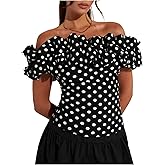 MakeMeChic Women's Polka Dots Blouse Off The Shoulder Ruffle Trim Short Sleeve Dressy Shirt Top