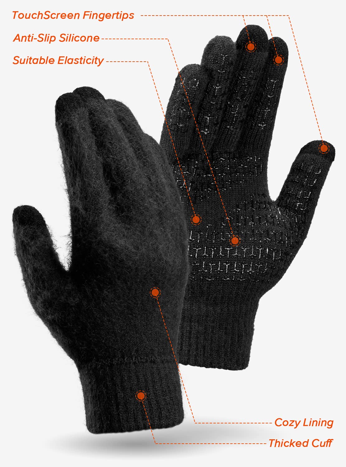 TRENDOUX Winter Gloves For Men Women, Cold Weather Warm Touchscreen Glove Unisex, Non-slip, Elastic Cuff, Knit Stretchy