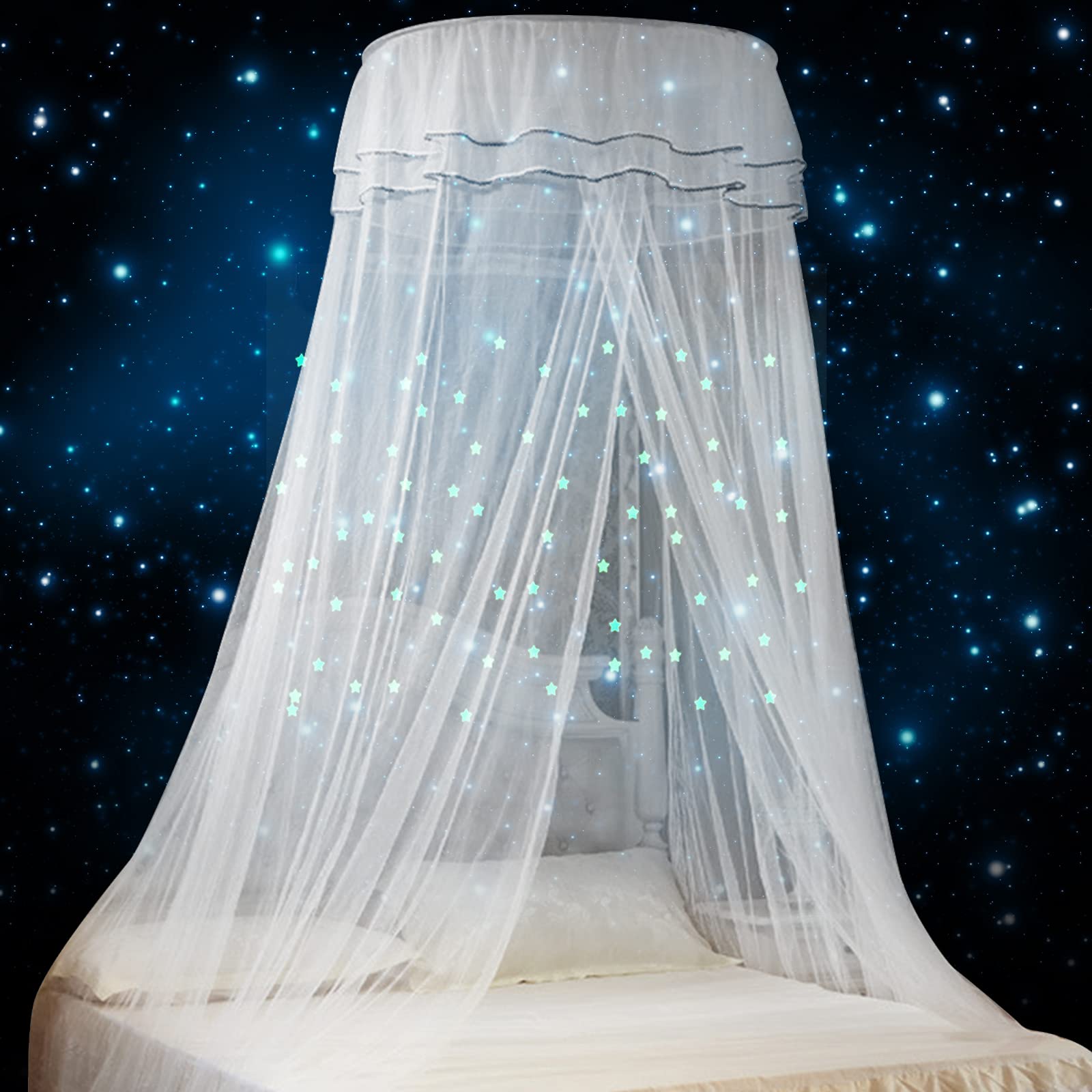 SUNNEE Bed Canopy Mosquito Net Childrens Bed Canopy Mosquito Net for Children Fly Insect Protection Indoor/Outdoor with 100pcs Luminous Star (White)