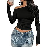 Floerns Women's Plus Size Off The Shoulder Crop Tops Long Sleeve Ruched Asymmetrical Fitted T Shirts