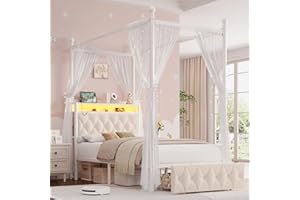 HIFIT Kids Twin Upholstered LED Canopy Bed Frame with Storage and Charging Station, Button Tufted Storage Headboard with Bookshelf, Two-Use Girls Metal Platform Bed, 4 Removable Post & 2 Drawer, Beige