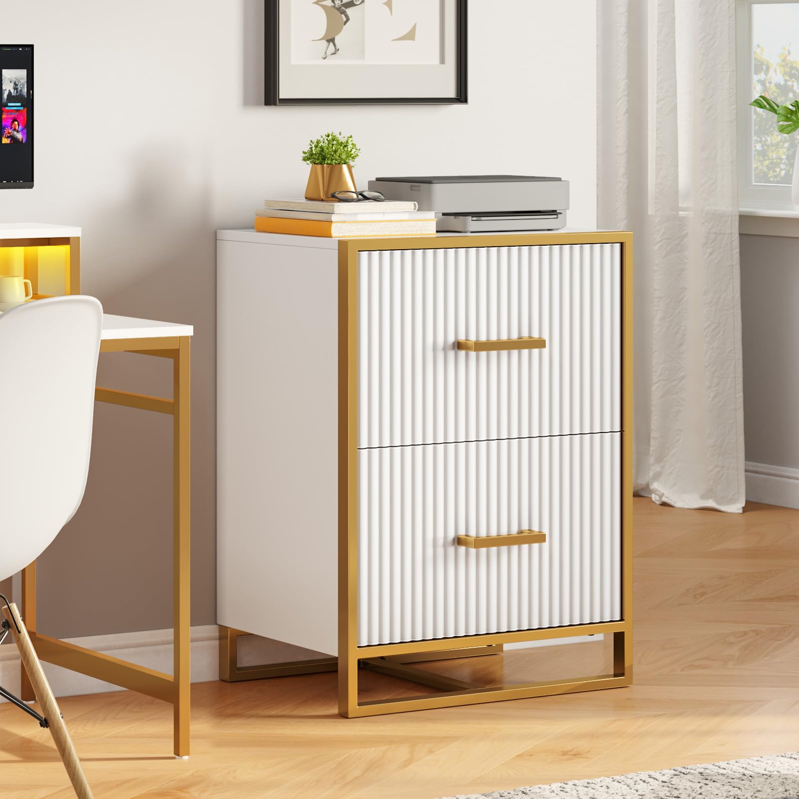 Photo 1 of **PRODUCT NOT REVIEWED**
**UNTESTED** YITAHOME 2 Drawer File Cabinet, Lateral Filing Cabinet for Home Office, White and Gold