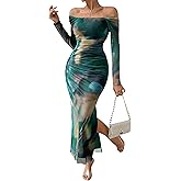 CHEZVOGUE Women's Long Sleeve Off Shoulder Maxi Dress Mesh Square Neck Tie Dye Ruched Bodycon Wedding Guest Dresses