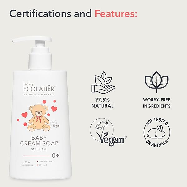 ECOLATIÈR BABY CREAM SOAP – 98% NATURAL, VEGAN, HYPOALLERGENIC BODY WASH & GENTLE BABY SOAP FOR SENSITIVE SKIN, NEWBORN & TODDLER CARE, SOFT & NOURISHING, 8.5 FL OZ