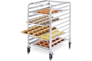 ReunionG 10 Tier Bun Pan Rack, Bakery Rack with 2 Lockable Wheels, 10 Sheet Aluminum Storage Cooling Trolley with Open Shelf, Dough Pizza Baking Mobile Rack for Home Commercial