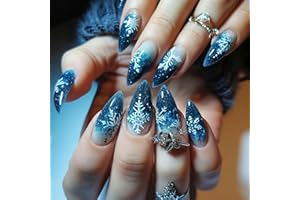 LOPMNGHT Christmas Press on Nails Medium Almond Artificial Acrylic Fake Nails Blue White Gradient Snowflake Design Stick on Nail Full Cover Coffin Nail Winter Artificial Fingernails for Women 24Pcs