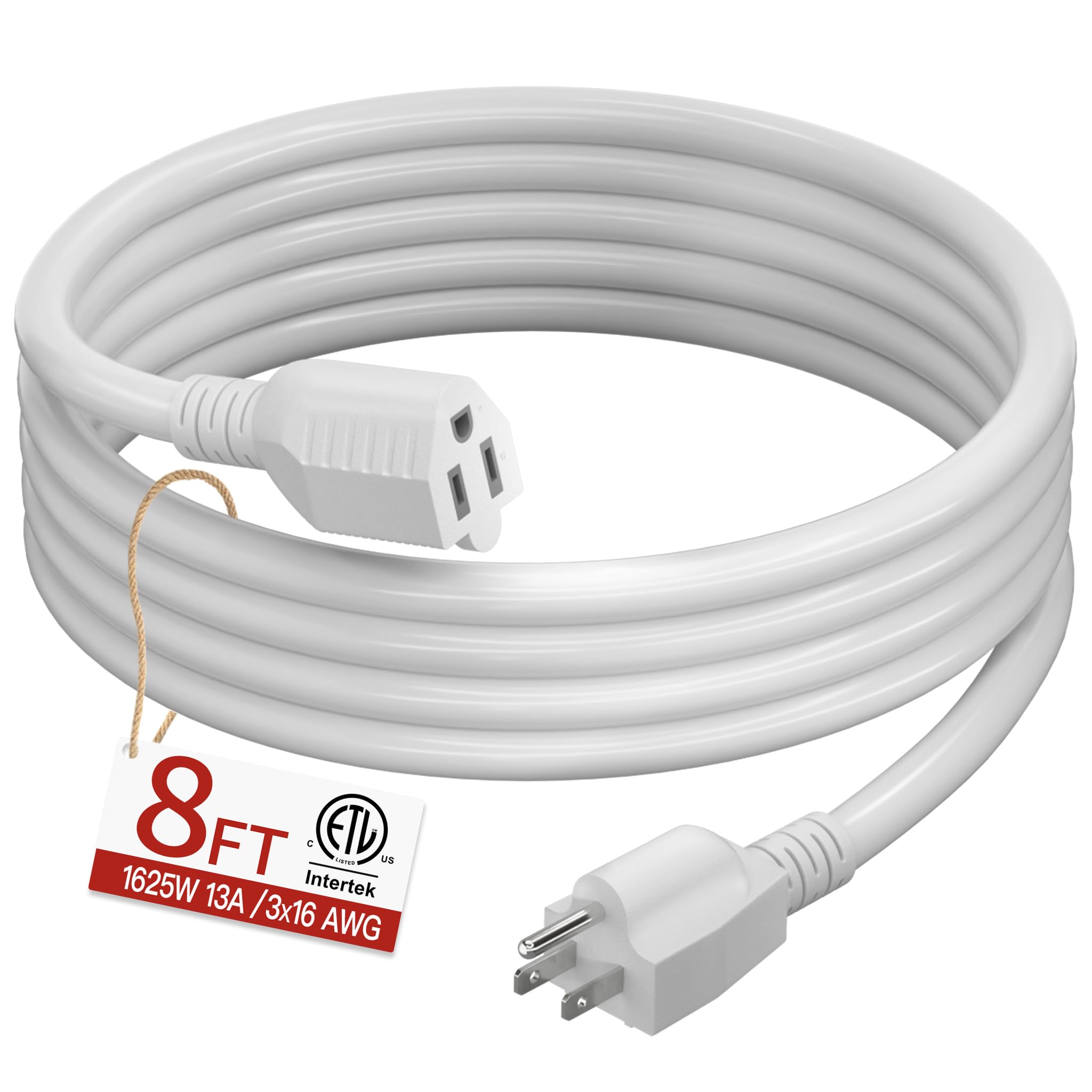 16/3 Short Extension Cord 8 FT, White Extension