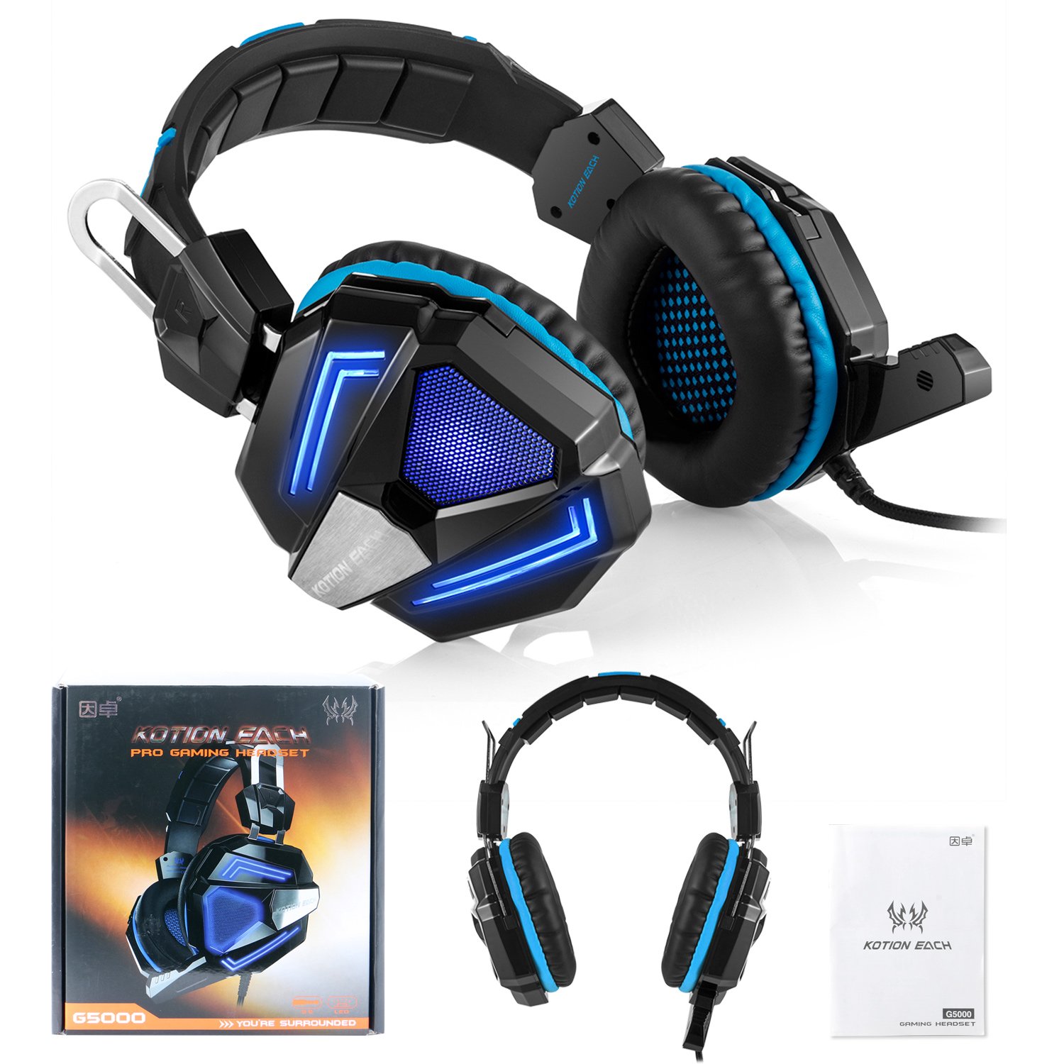 Zakitane KOTION EACH G5000 3.5mm PC Stereo Gaming Headset, Bass Headphones, Comfortable Headband with Microphone, Over-ear fit with Noise isolation, Breathing LED Light for Laptops or Computers