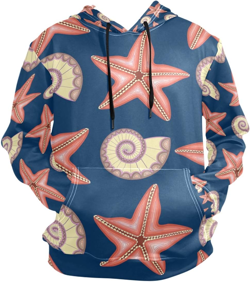 Mens Hoodie Starfish Pattern Conch Shells Navy Background Drawstring Hooded Sweatshirt