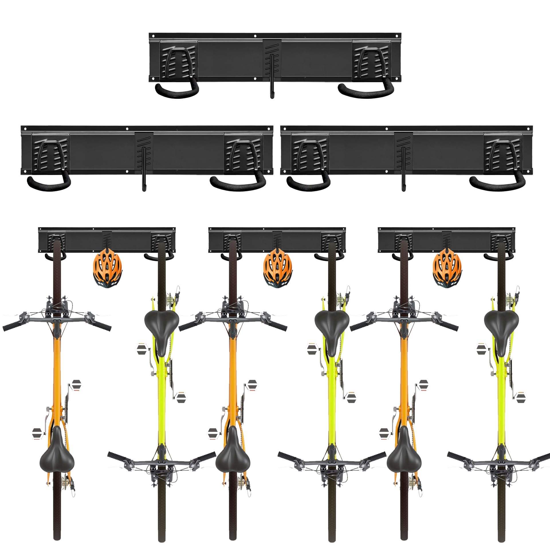 Mimoke Adjustable Bicycle Wall Mount Vertical Storage for Multiple Bikes, E-Bike, MTB & Road Bike, Non-Slip Hooks (for 6 Bikes 3 Rails)