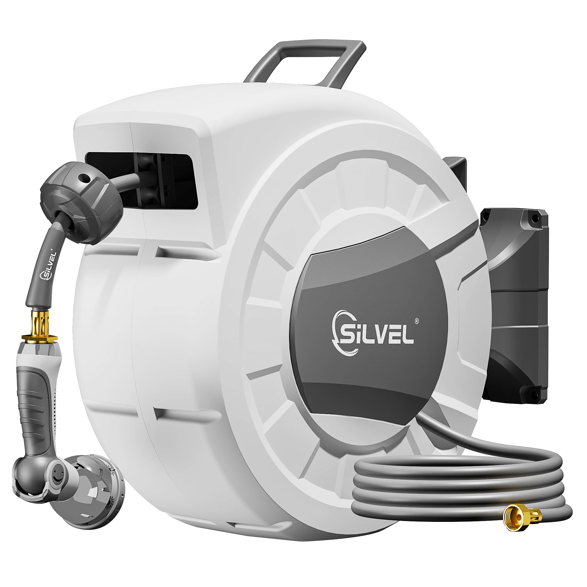 Photo 1 of SILVEL Retractable Garden Hose Reel, 1/2 in x 100ft Wall Mount Heavy Duty Automatic Hose Reel with 10 Pattern Nozzle, Any Length Lock & Slow Return System, 180°Swivel Bracket Upgraded UV Resistant